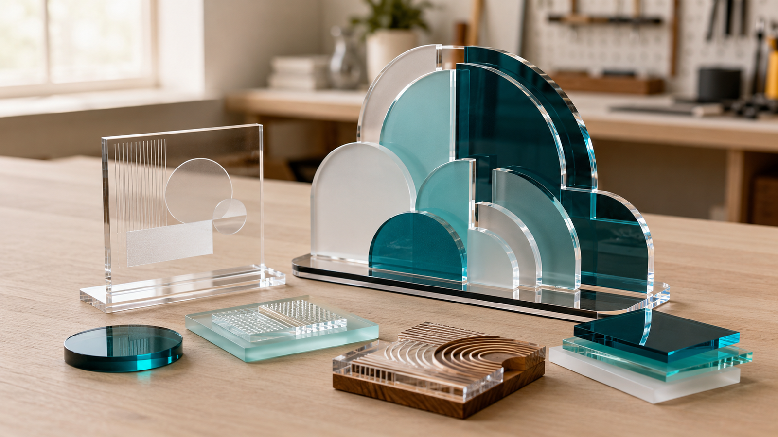 Examples of dimensional, engraved and layered acrylic possibilities.