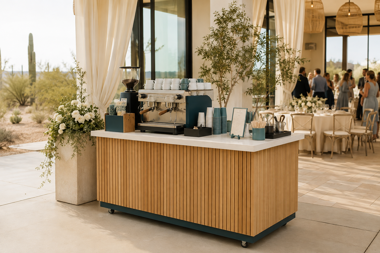 Natural slatted wood, a crisp counter and organized coffee service.
