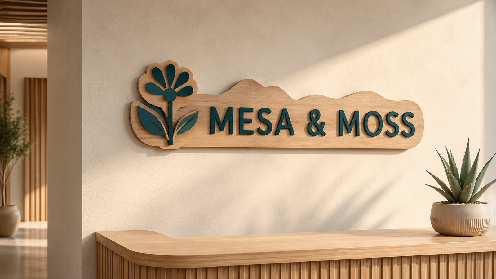 An original dimensional sign concept combining natural wood and colored acrylic.