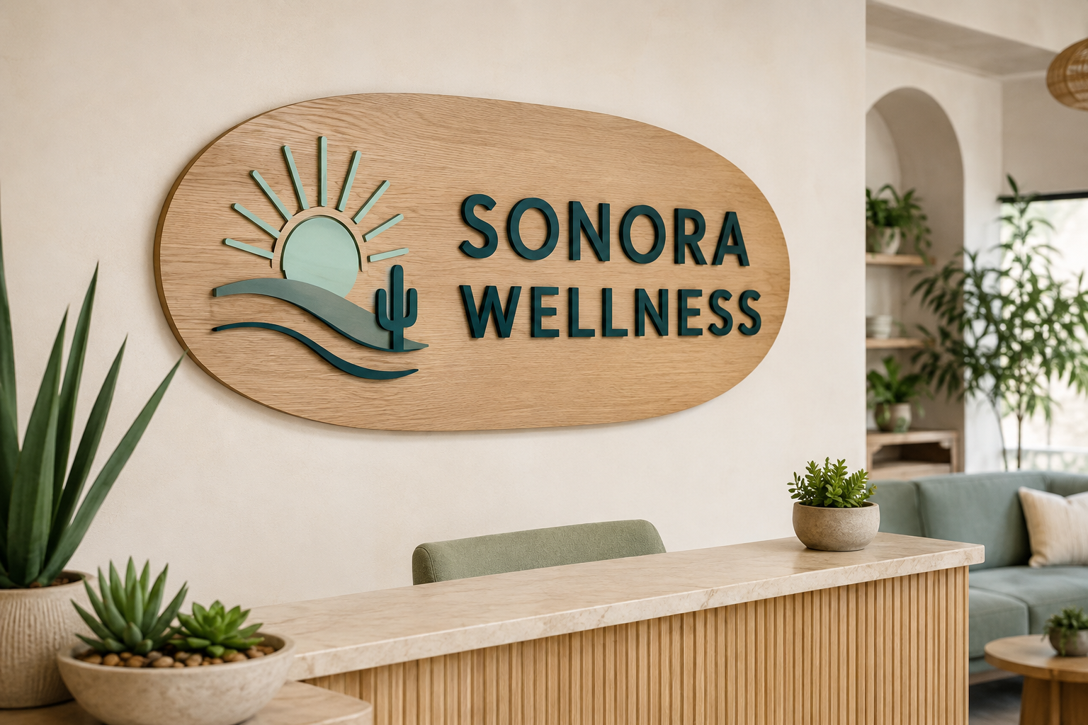Layered wood and dimensional lettering for a welcoming interior.