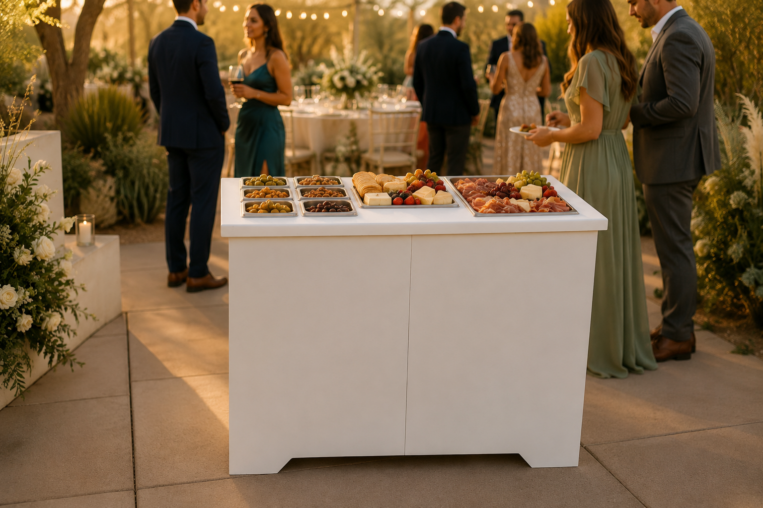 A flexible serving station styled for a refined outdoor wedding.