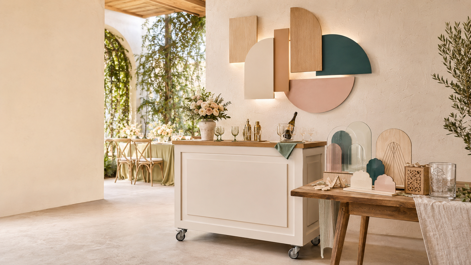 A warm studio scene with a mobile bar, custom sign, acrylic shapes and engraved pieces