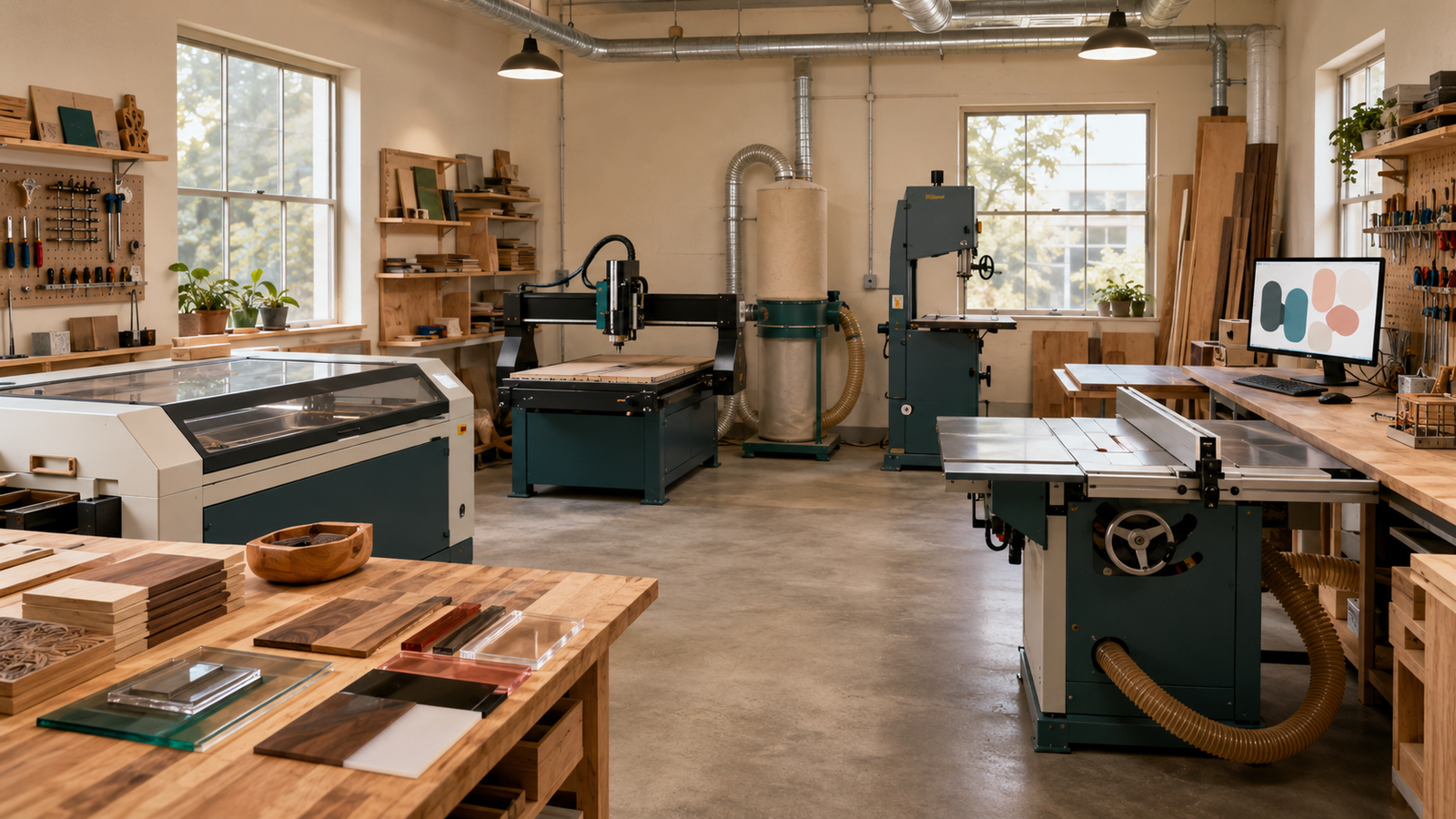 Warm, organized fabrication workshop with laser, CNC, saws and computer design station